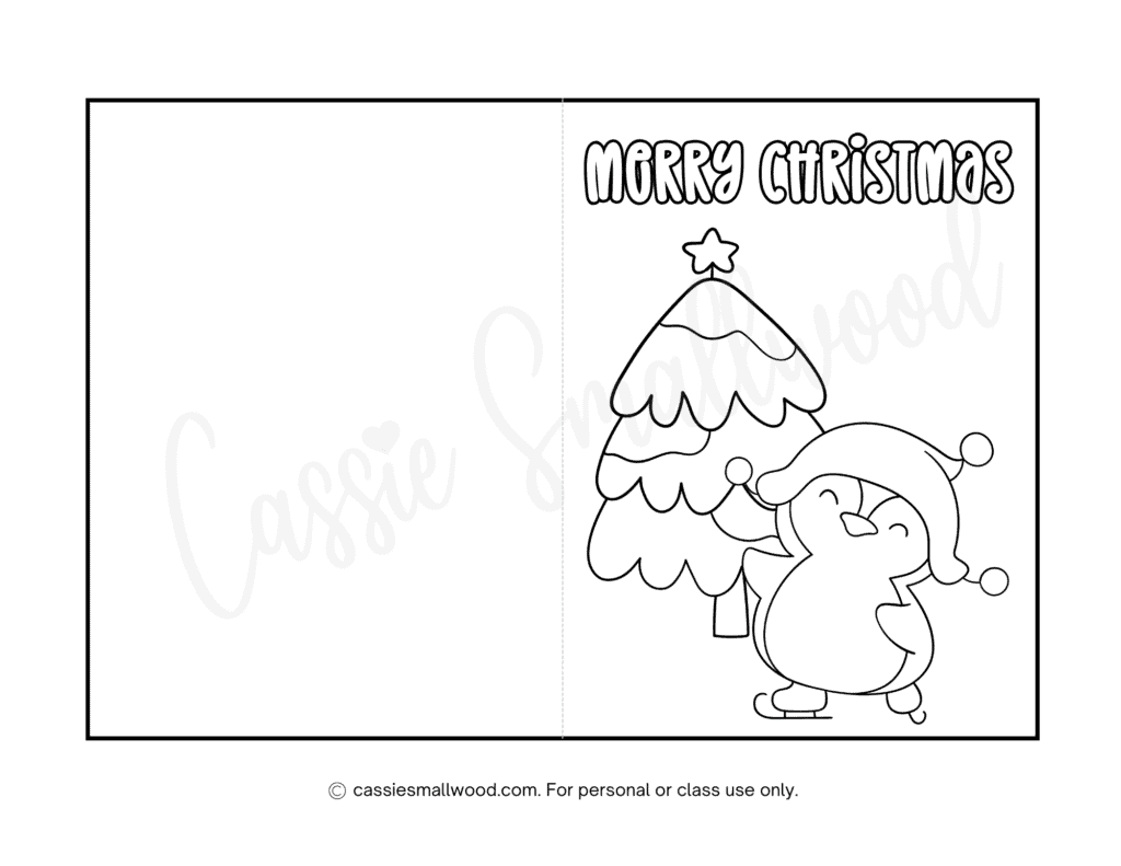 Penguin Christmas coloring card free printable pdf Children's Christmas card to color Cute Christmas card coloring pages