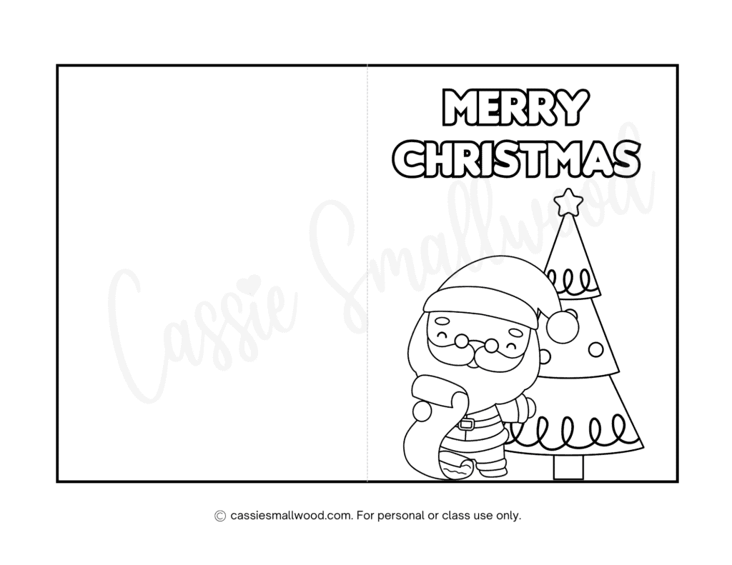Printable Christmas coloring card free pdf Santa and Christmas tree card to color for kids Santa Claus Christmas card coloring page to print out and color in