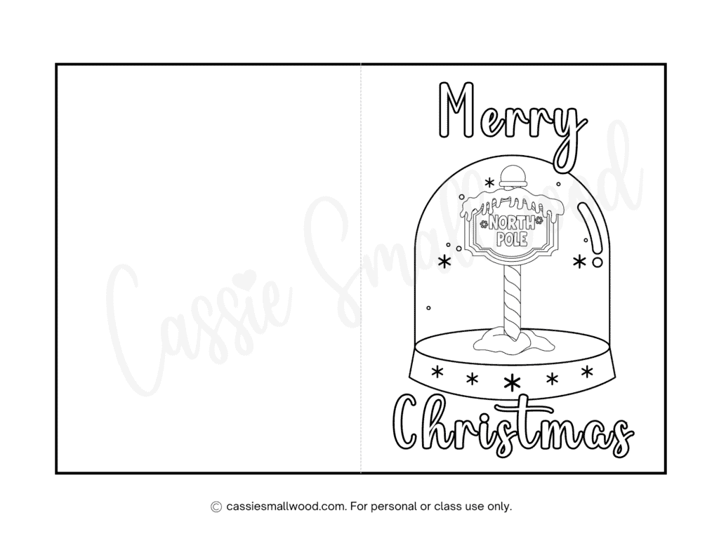 snowglobe Christmas coloring card free printable pdf Merry Christmas card to color for kids Christmas card coloring page for children