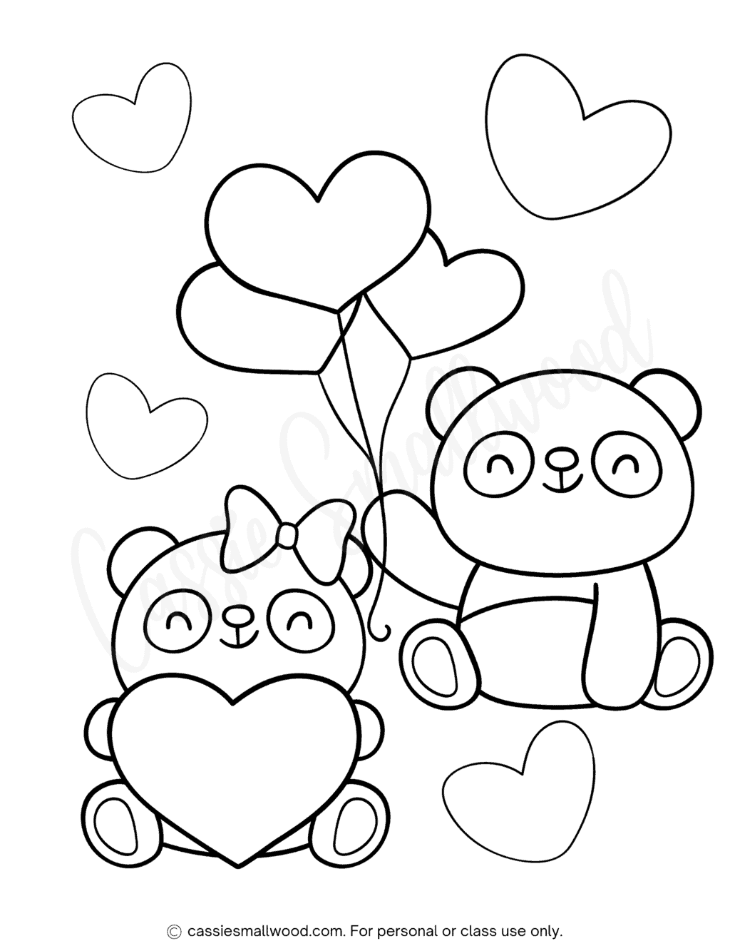 Coloring page of hearts and pandas cassie smallwood