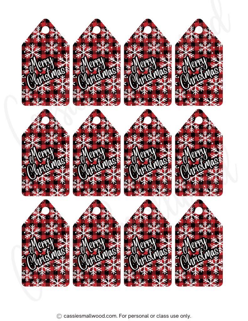 buffalo plaid downloadable Christmas tags with red and black buffalo check background and Merry Christmas