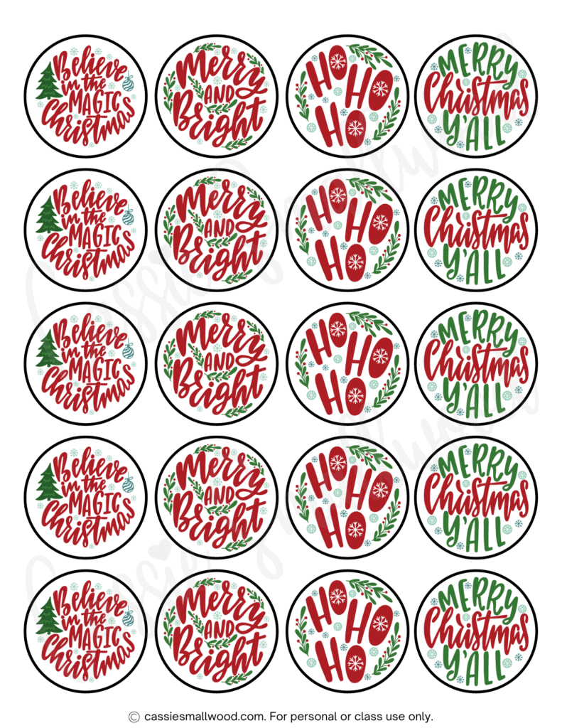 Christmas labels to print free pdf with cute Christmas sayings in red and green