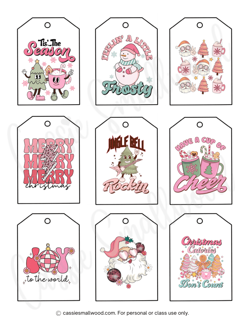 groovy Christmas present tags to print with retro graphics and fonts in pink tones
