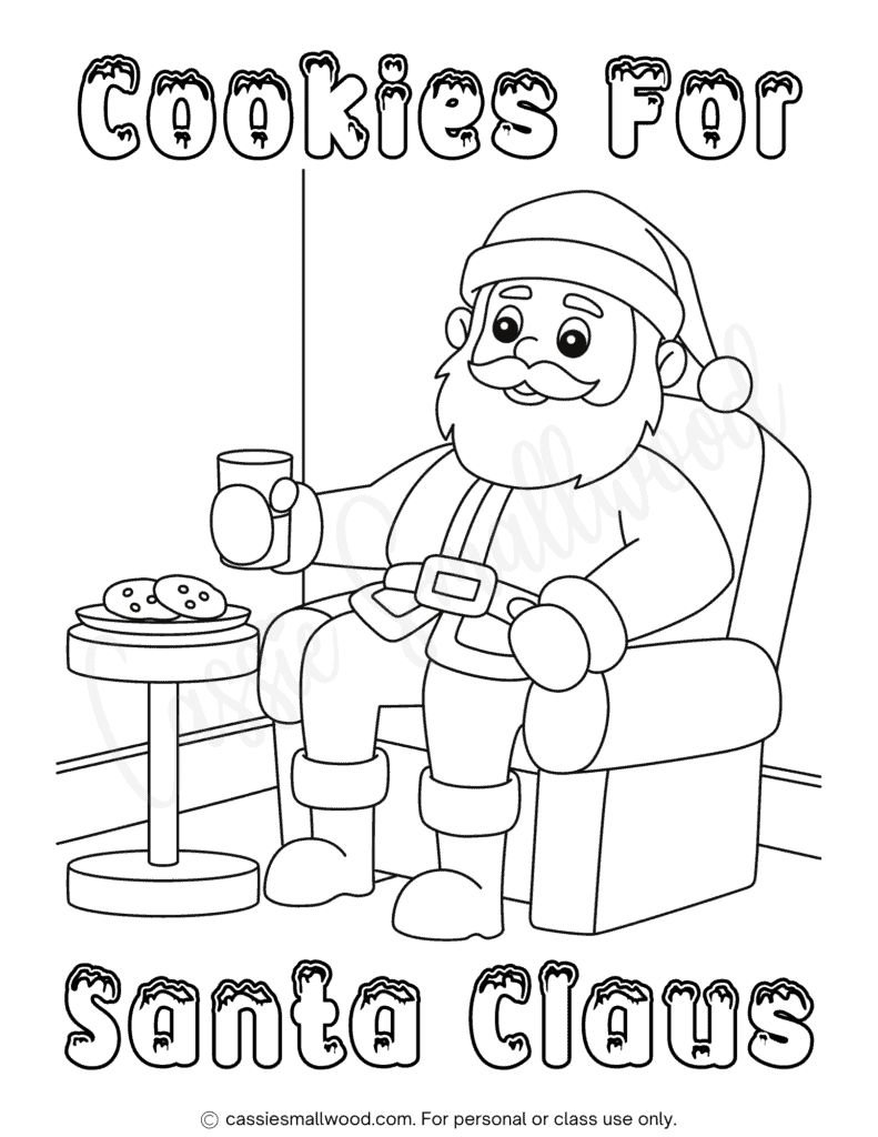 cookies for Santa Claus coloring page with Santa eating cookies and drinking milk