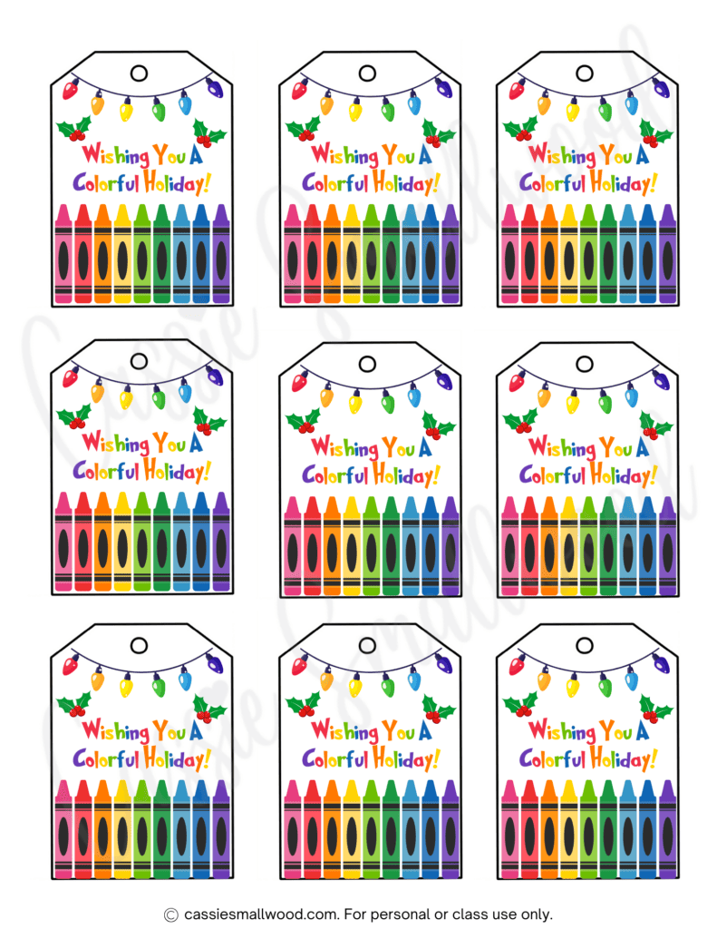 free Christmas gift tags for students with crayons and Christmas lights "Have a colorful holiday"