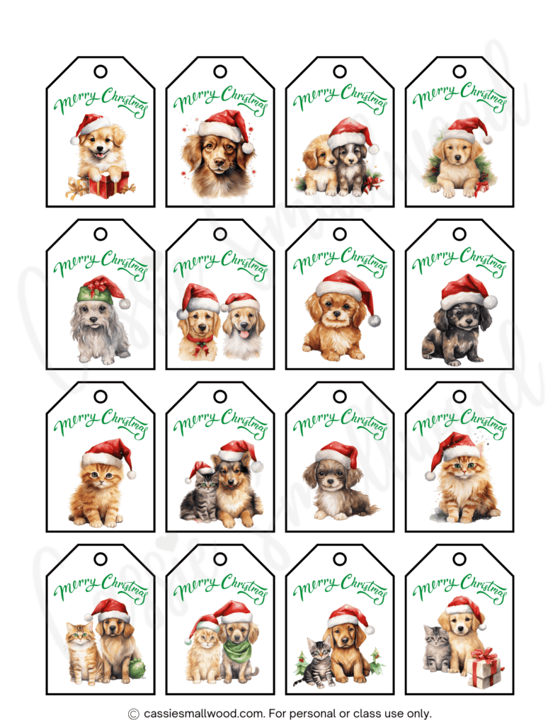 Free Merry Christmas tags to print cat and dog Christmas gift tags