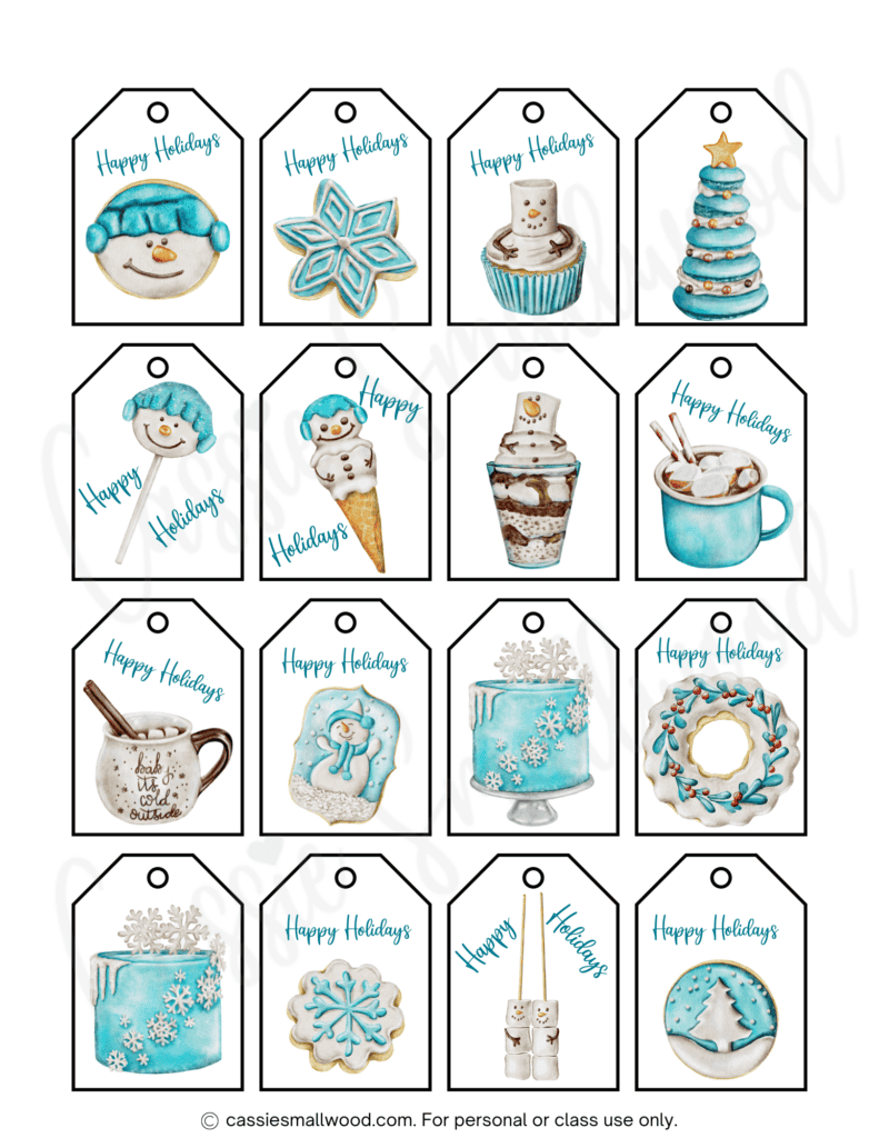 Free printable Happy Holidays tags pdf turquoise winter gift tags