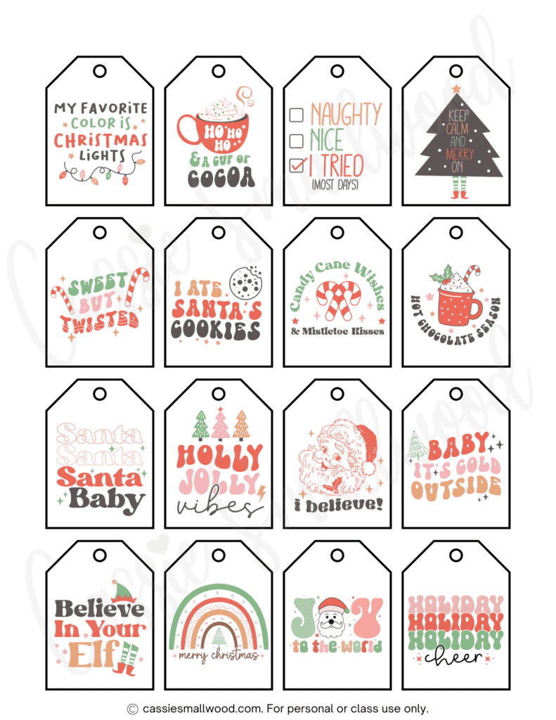retro groovy Christmas tags free printable pdf with cute Christmas sayings