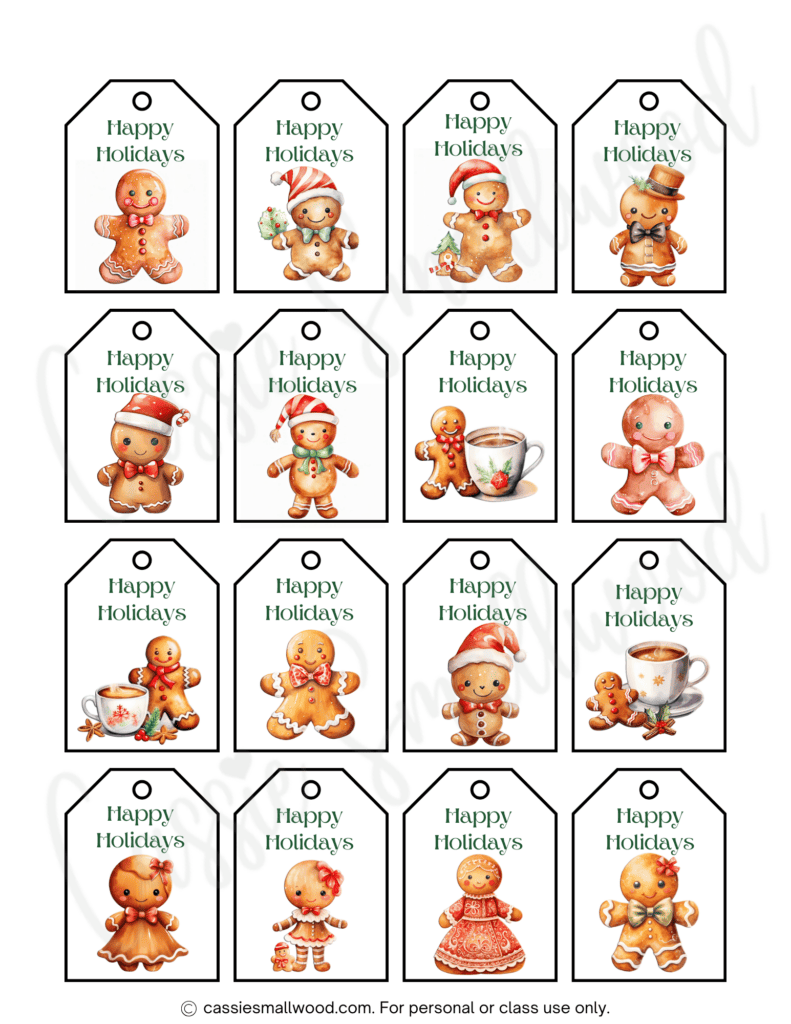 Happy holidays tags with gingerbread men free printable pdf