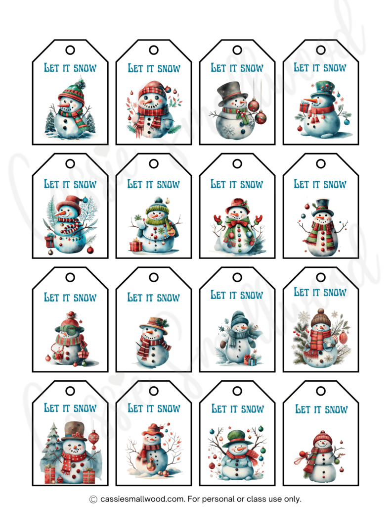 holiday gift tags printable pdf with snowmen and Let it snow