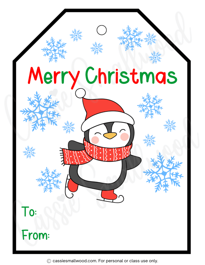 large Christmas tag free download full page Christmas gift tag with penguin and Merry Christmas