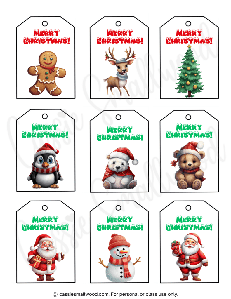 Free Merry Christmas tags printable pdf with different Christmas graphics like gingerbread man, reindeer, Christmas tree and Santa Claus