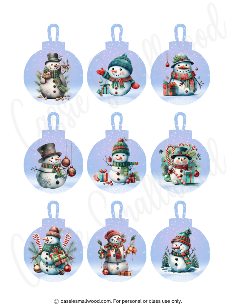 round Christmas tags printable pdf free ornament shaped Christmas gift tags with snowmen inside