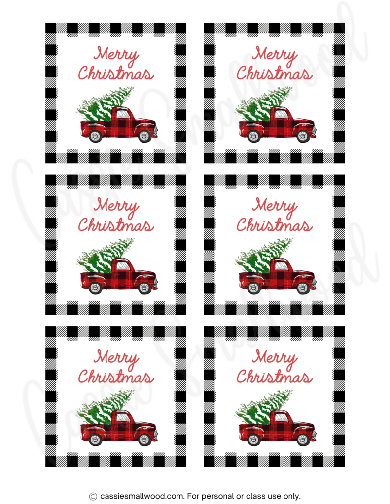 Rustic Christmas tags free printable pdf with red truck, Merry Christmas and a black and white buffalo plaid background