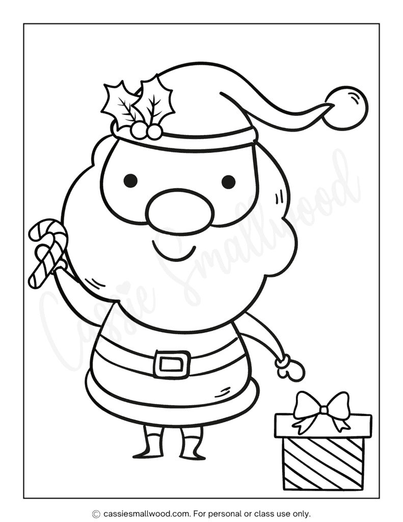 Santa Claus coloring sheet free printable pdf with candy cane and gift