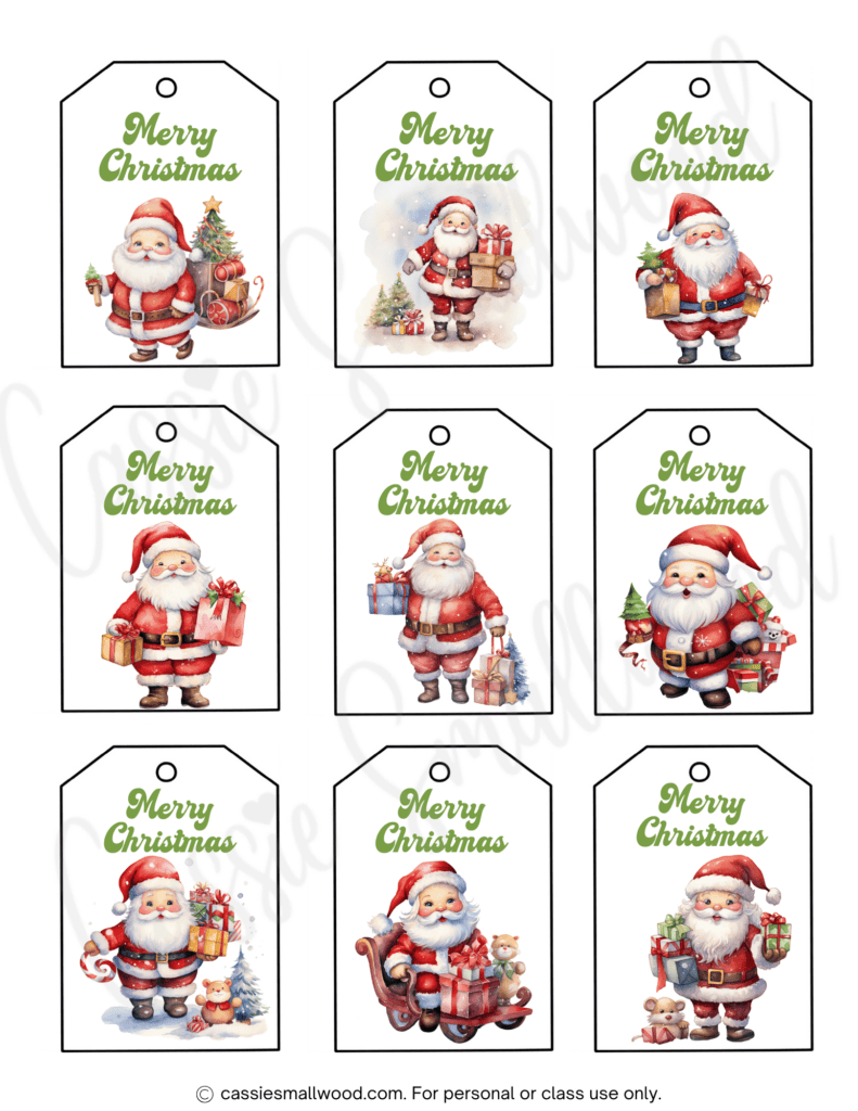 Santa gift tags free printable pdf with Merry Christmas in green