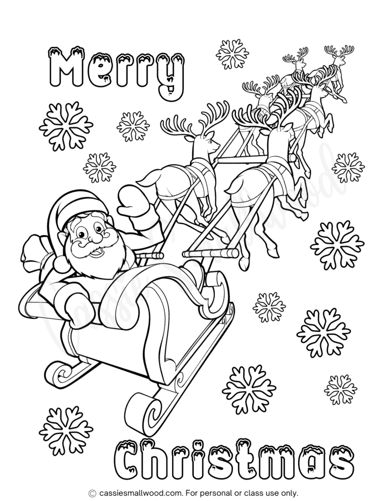 Santa riding in sleigh and reindeer Merry Christmas coloring page