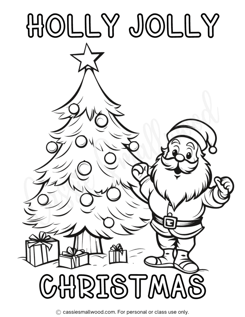 Santa and Christmas tree coloring sheet free printable pdf Holly Jolly Christmas coloring page