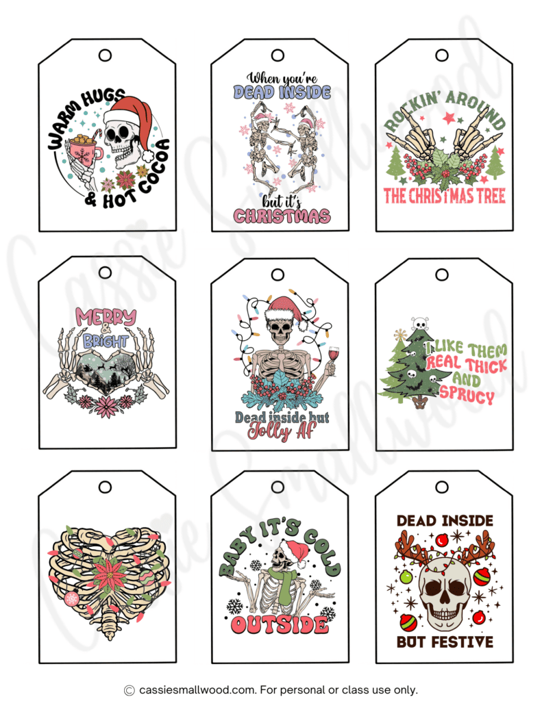 skeleton printable Christmas name tags with funny sayings