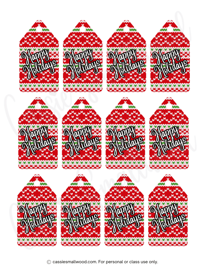 ugly sweater Christmas tags to print with Christmas sweater background and Happy Holidays