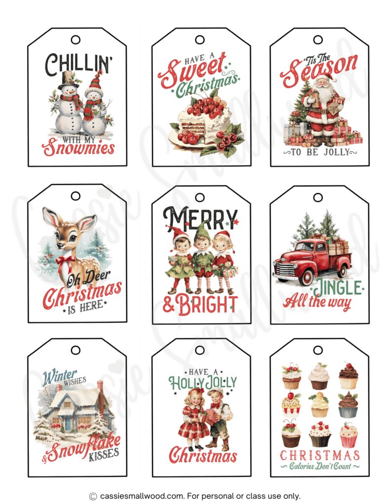 vintage printable Christmas present tags with old fashioned graphics