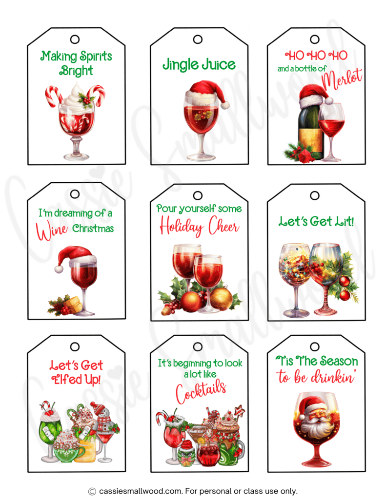 wine and cocktails free printable Christmas gift tags pdf with funny wine and drinking Christmas sayings