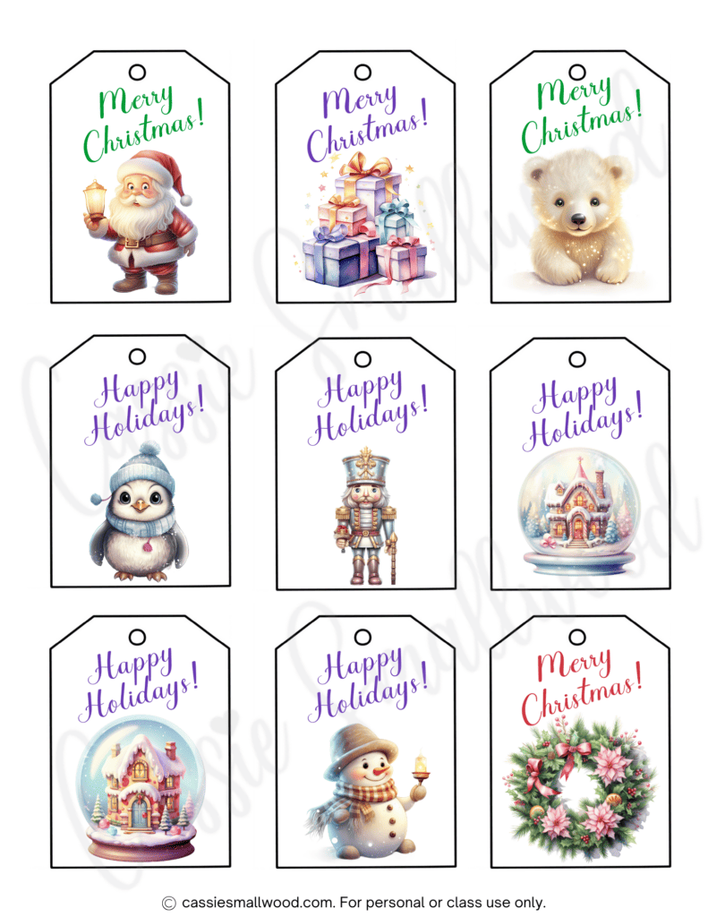 Xmas gift tags free printable pdf with purple script font and pretty graphics