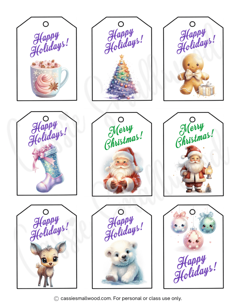 Xmas tags printable pdf free with purple and pastel colors