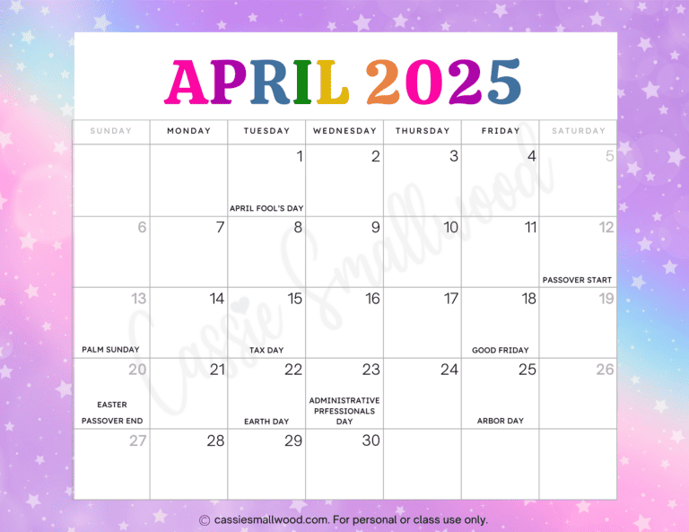 Cute 2025 Free Printable Monthly Calendars - Cassie Smallwood