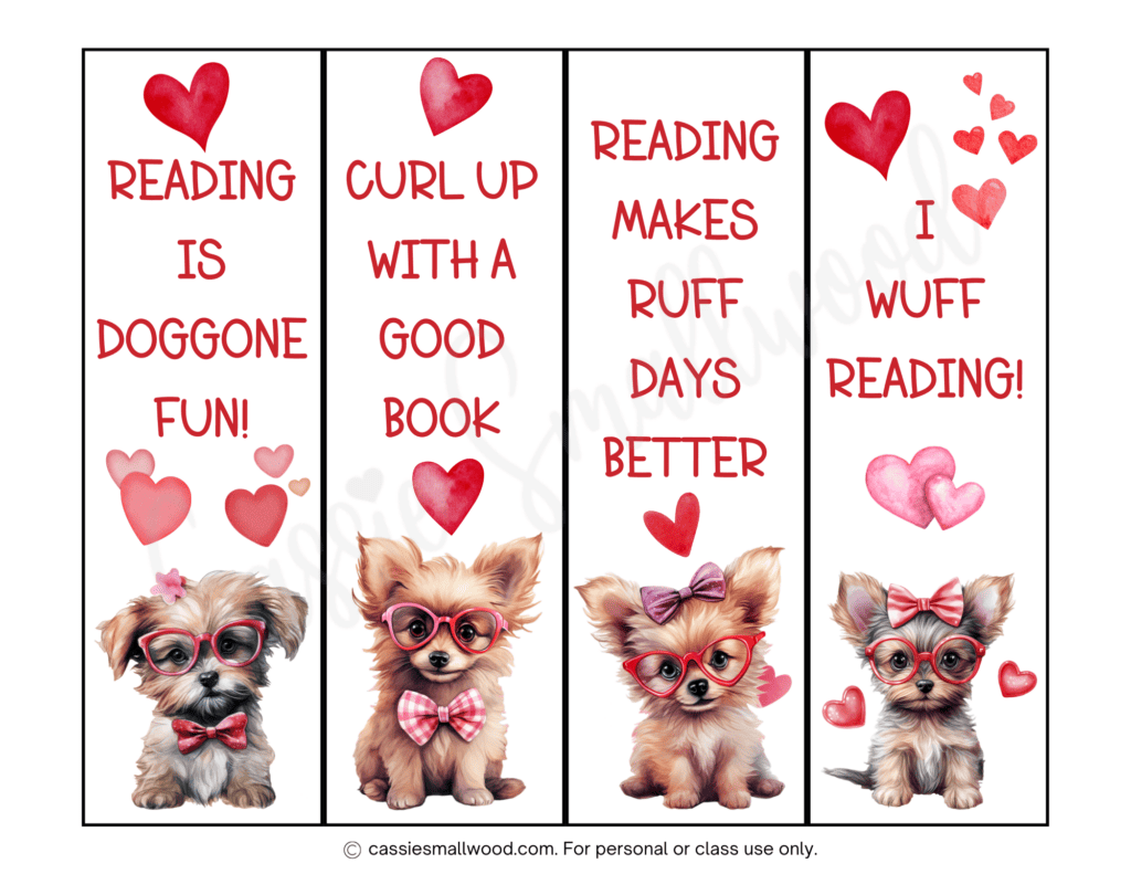 Cute dog bookmarks to print with hearts and cute reading sayings Valentine bookmarks for kids