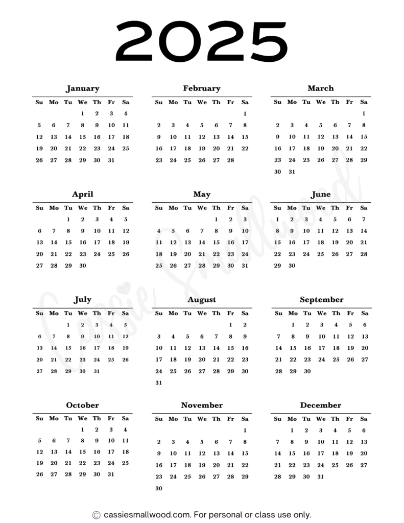 Black and white minimalist 2025 one page at a glance calendar free printable pdf