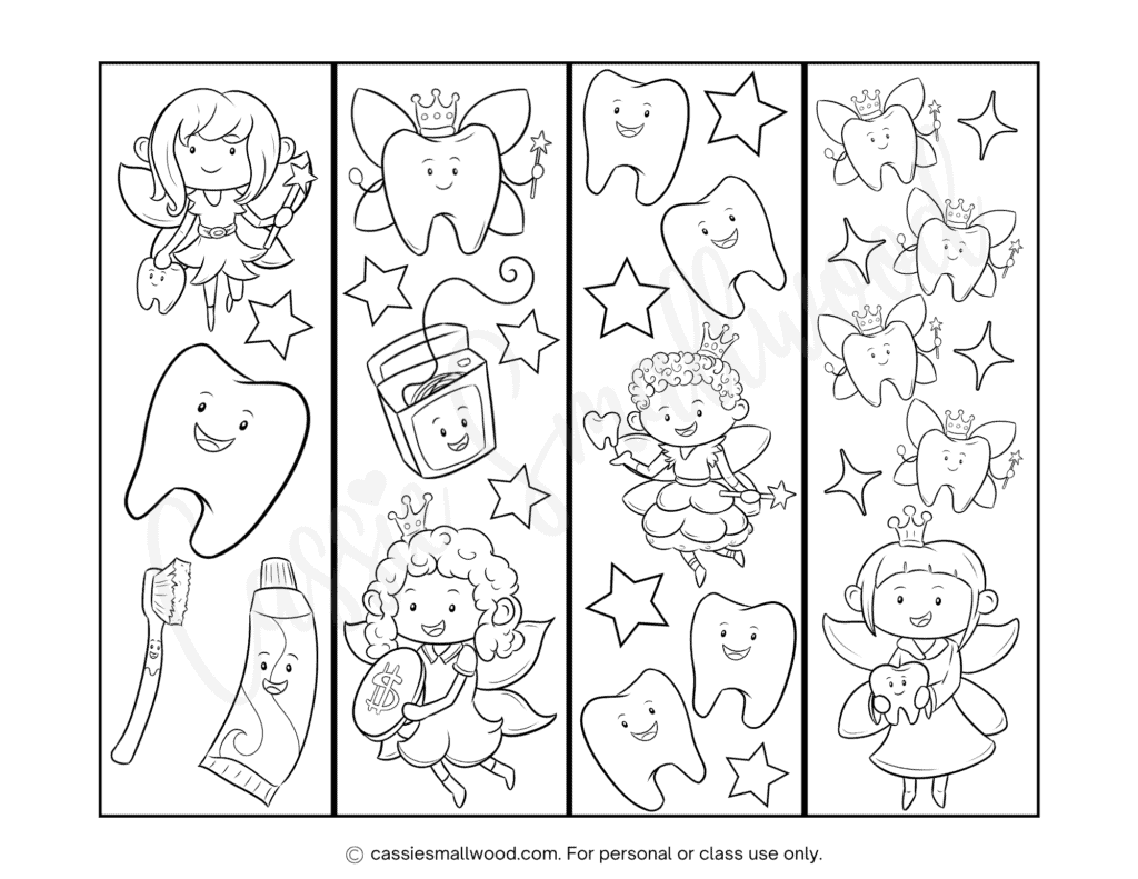 Tooth Fairy coloring bookmarks to print for free