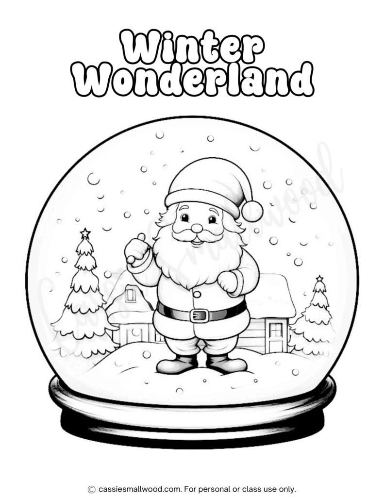 winter wonderland Santa in snow globe coloring page