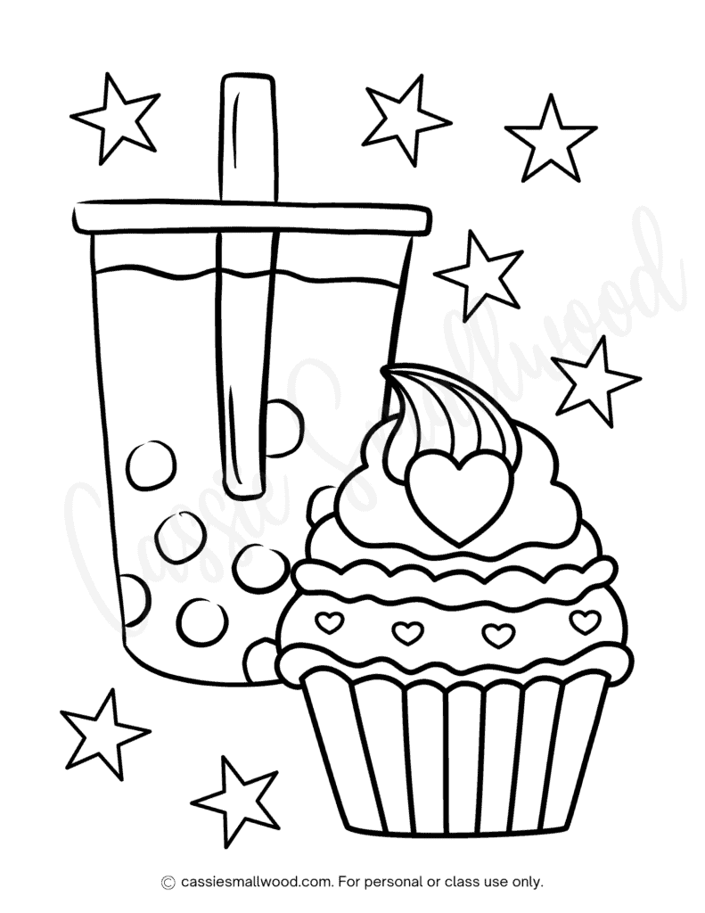 boba and cupcake coloring page free printable pdf, bubble tea and cupcake coloring sheet