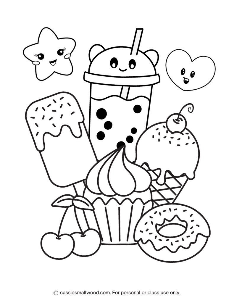 desserts and boba coloring page free printable pdf with ice cream, cupcake, donut, cherries and bubble tea picture to color