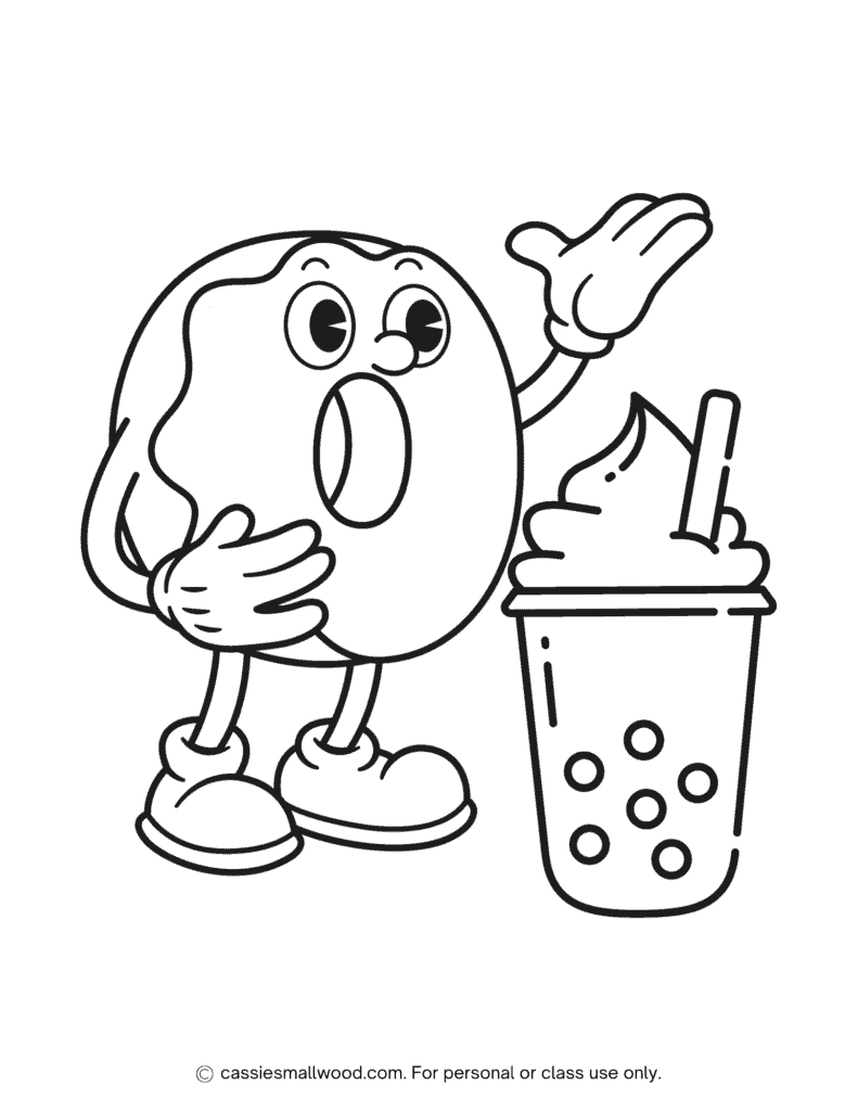donut and boba drink coloring page free printable pdf