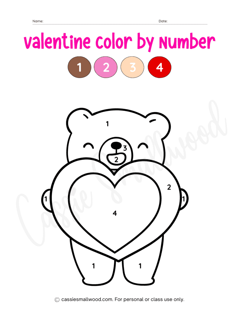 easy Valentine color by number for younger children free printable pdf teddy bear color by number
