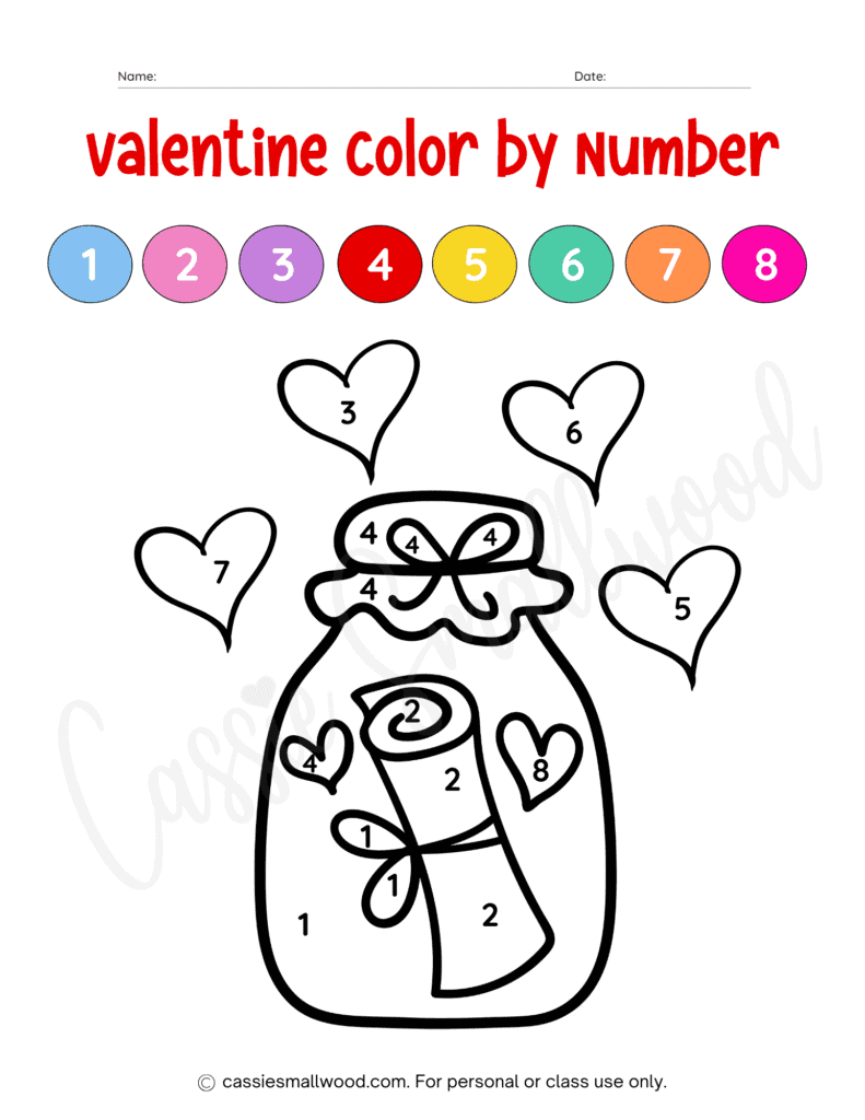 Fun Valentine's Day color by number free printable pdf jar with love note and hearts coloring page