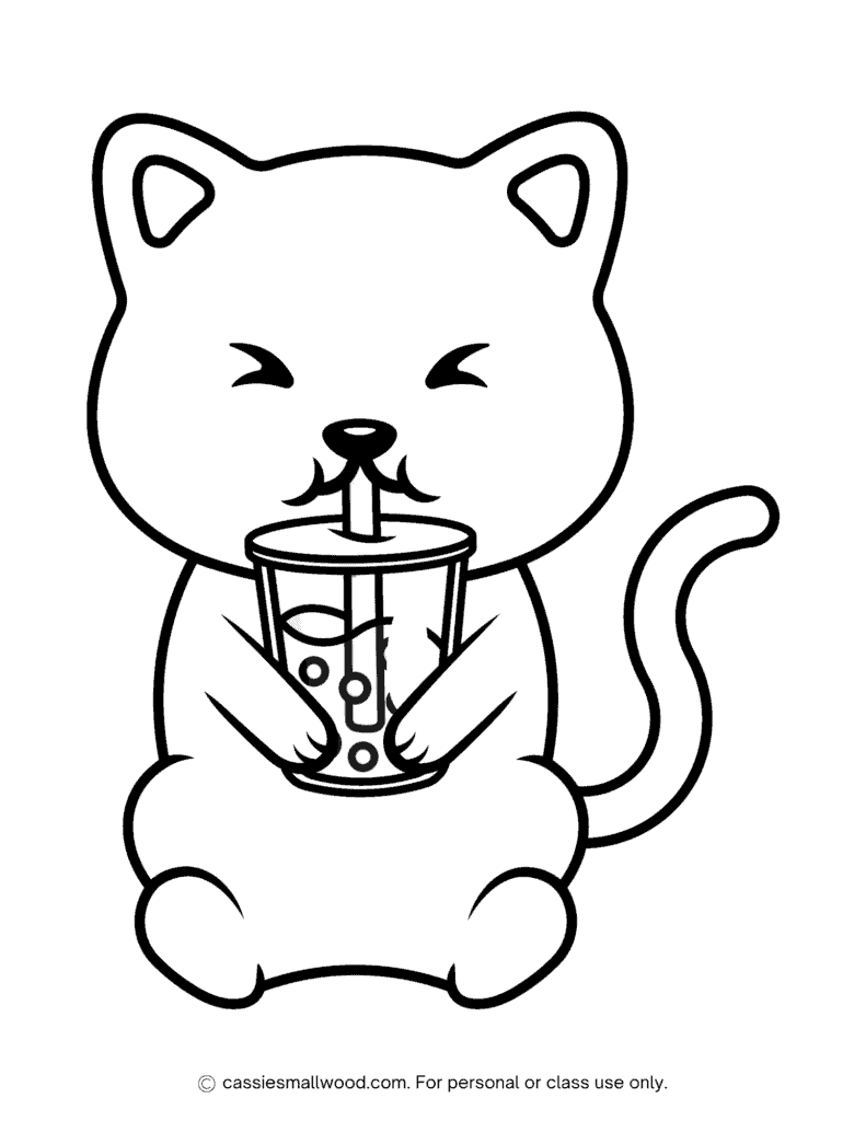 kitty drinking boba printable coloring page free pdf