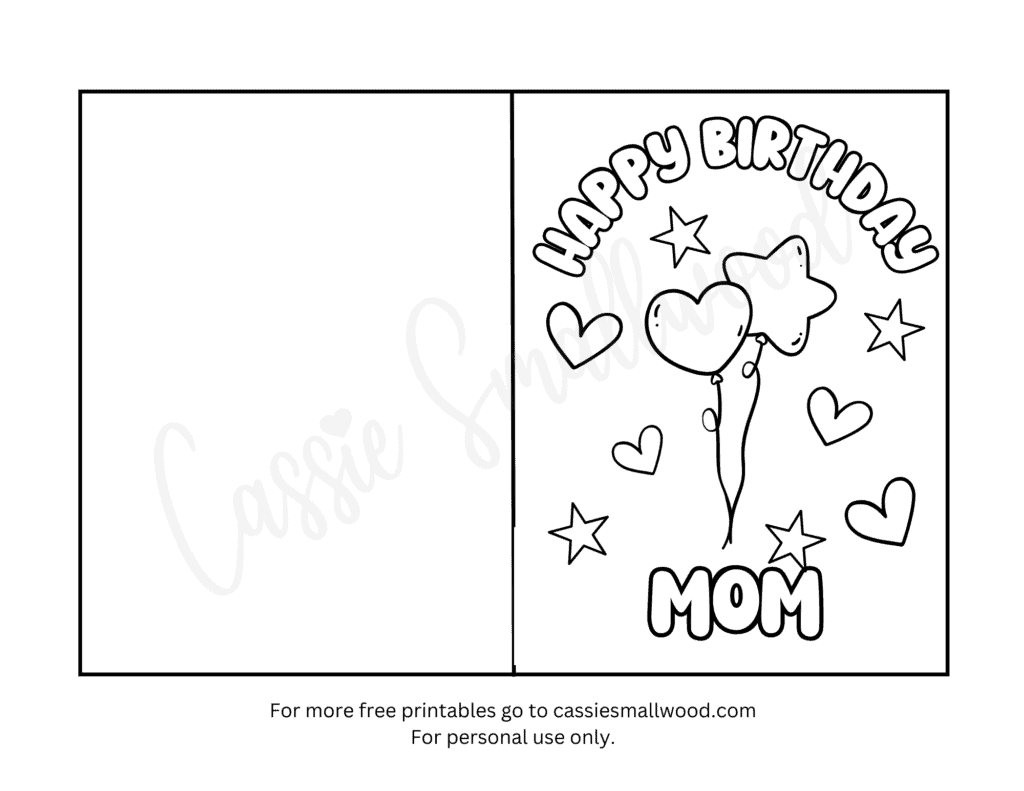 balloons birthday card to color for mom free printable pdf with hearts and stars to color