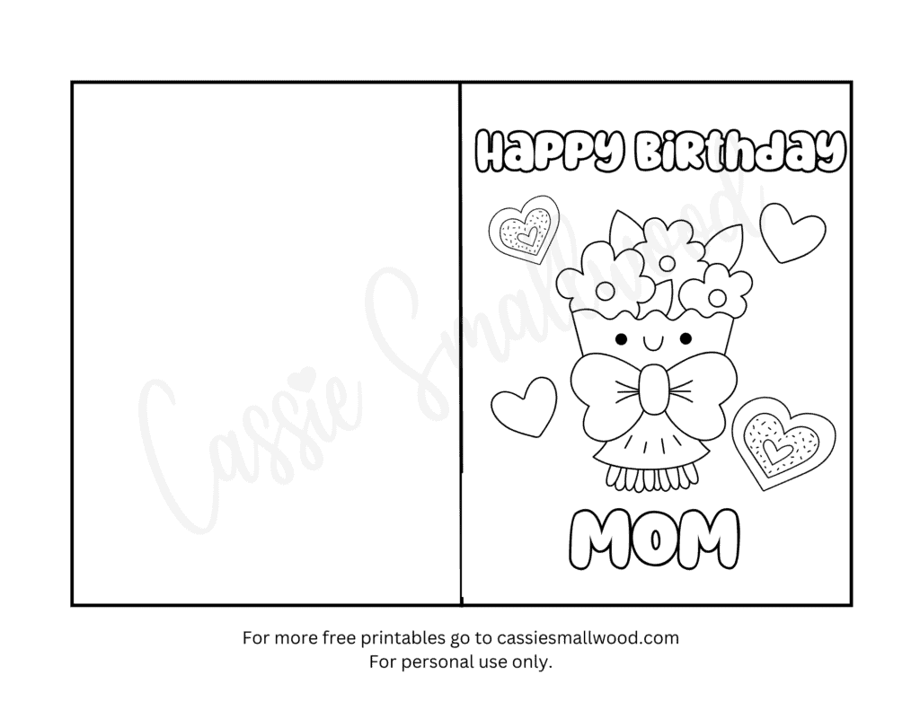 kawaii Happy Birthday Mom coloring card free printable pdf with flowers and hearts