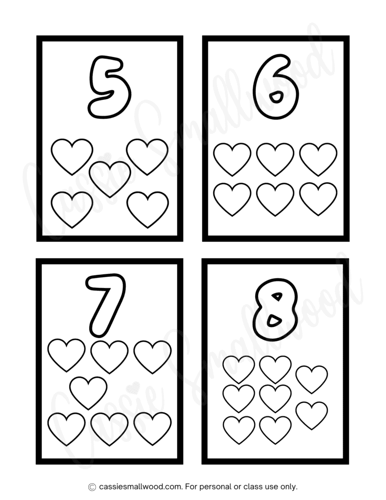 numbers coloring flashcards free printable pdf, preschool math flashcards free download, black and white toddler counting flashcards