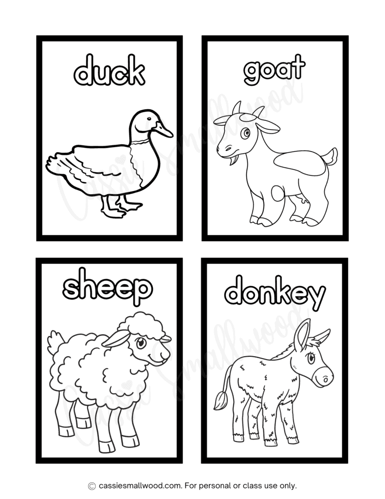 cute animals coloring flashcards for kids, black and white preschool flashcards to print for free download, toddler flashcards coloring page, animals coloring sheets