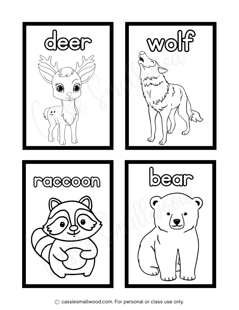 forest animals flashcards free printable pdf, wild animals flashcards, preschool coloring flashcards, animals coloring pages