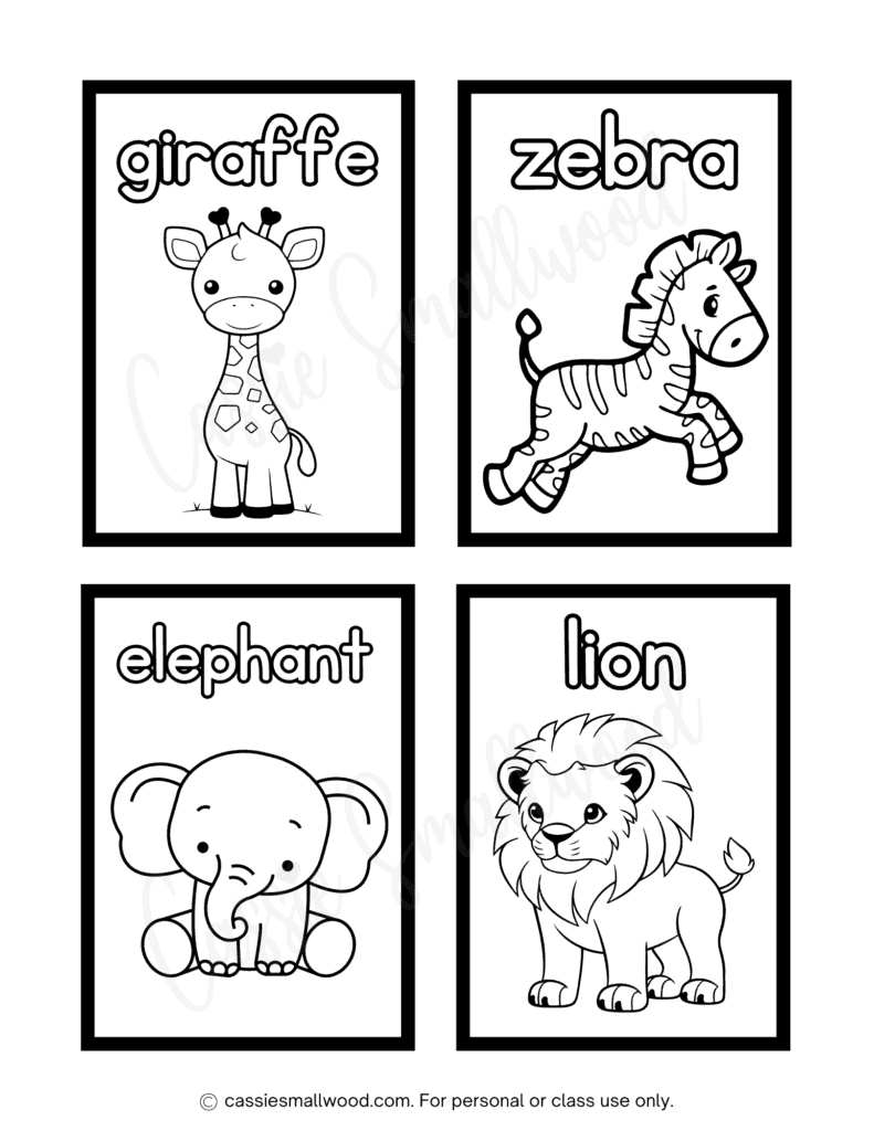 cute zoo animals flashcards free printable pdf, English flashcards black and white, learning flashcards for toddlers, vocabulary flashcards for preschoolers