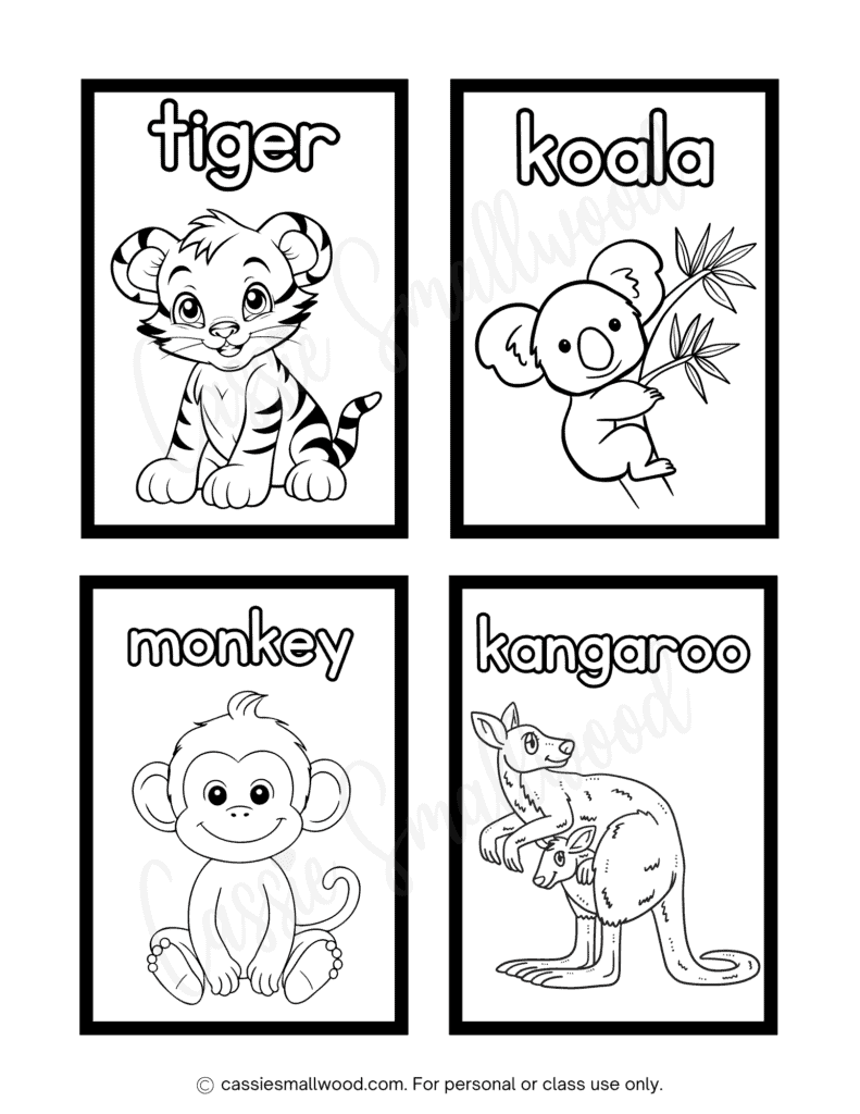 free printable animals flashcards black and white pdf, coloring flashcards for kids, preschool language flashcards, learning flashcards for kids to color