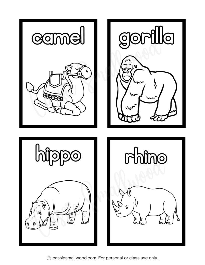 zoo animals coloring flashcards pdf free printable, animal flashcards to color, study flashcards preschool, cute vocabulary flashcards for kids