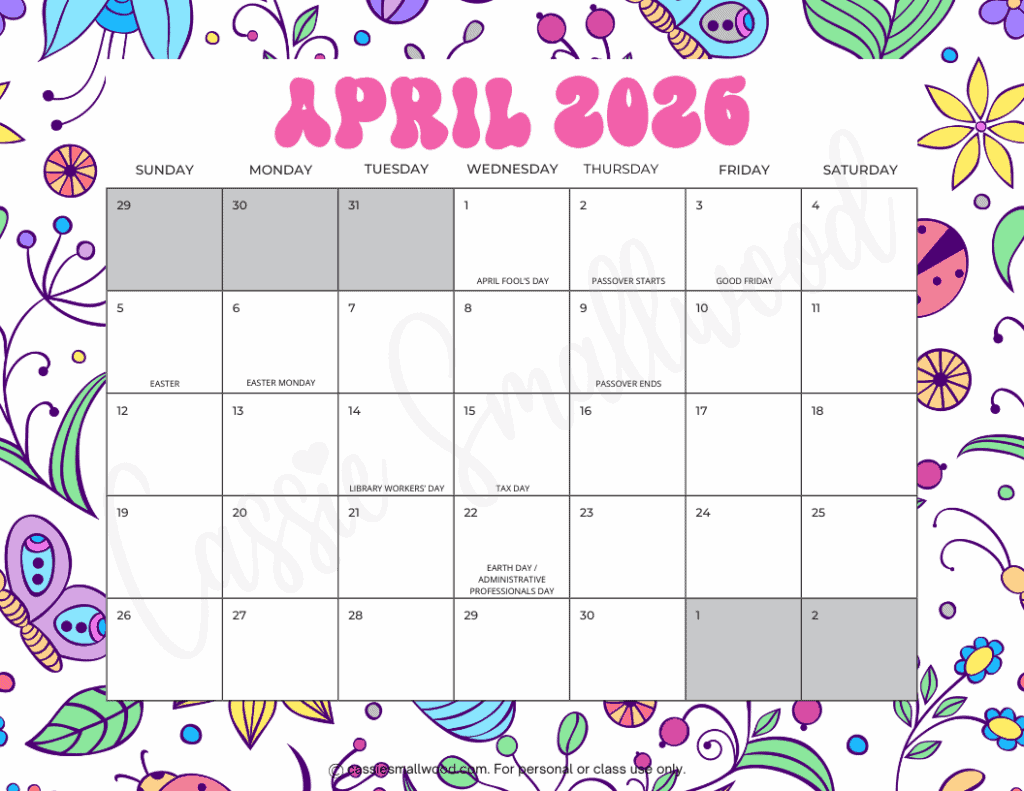 April 2026 calendar free printable pdf, cute 2026 wall calendar horizontal landscape