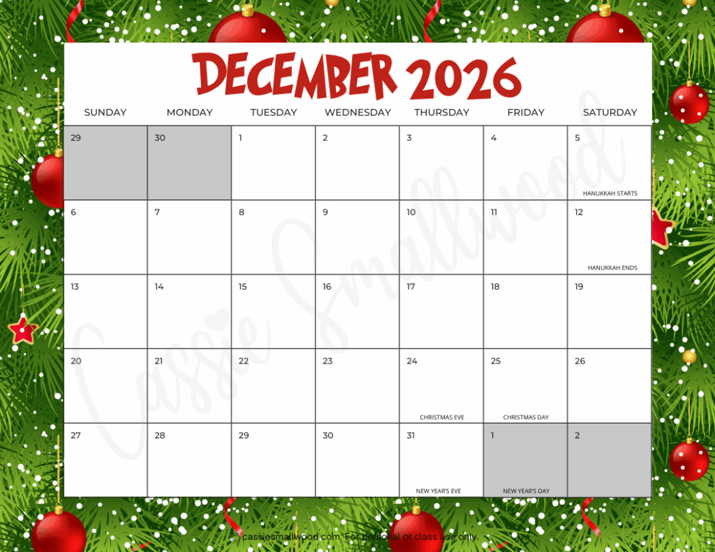 cute December 2026 calendar with holidays free printable pdf, 2026 calendar template free printable pdf