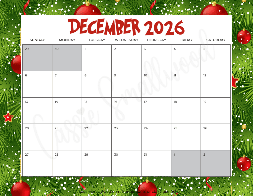 Cute Free Printable 2026 Monthly Calendar (Blank & With Holidays ...